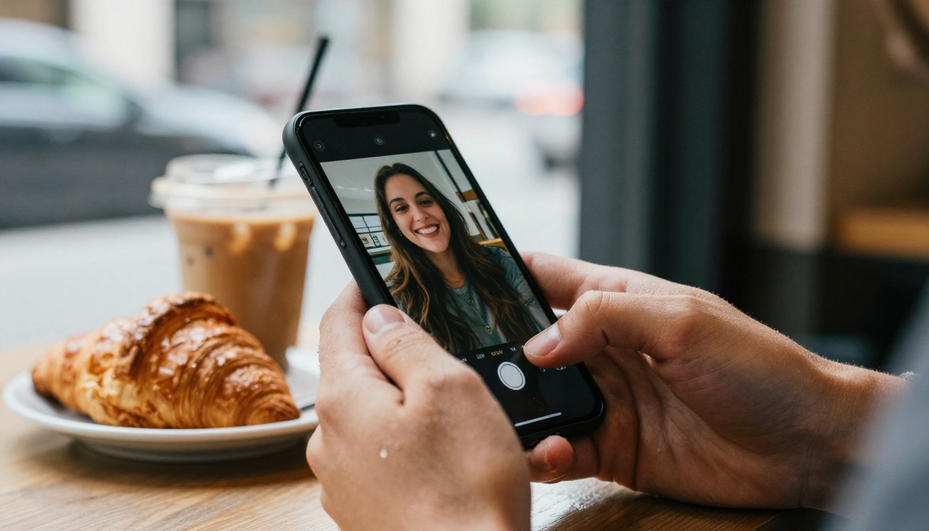 Guest hands holding a smartphone at a cafe table while a group chat shows a video thumbnail of a smiling couple