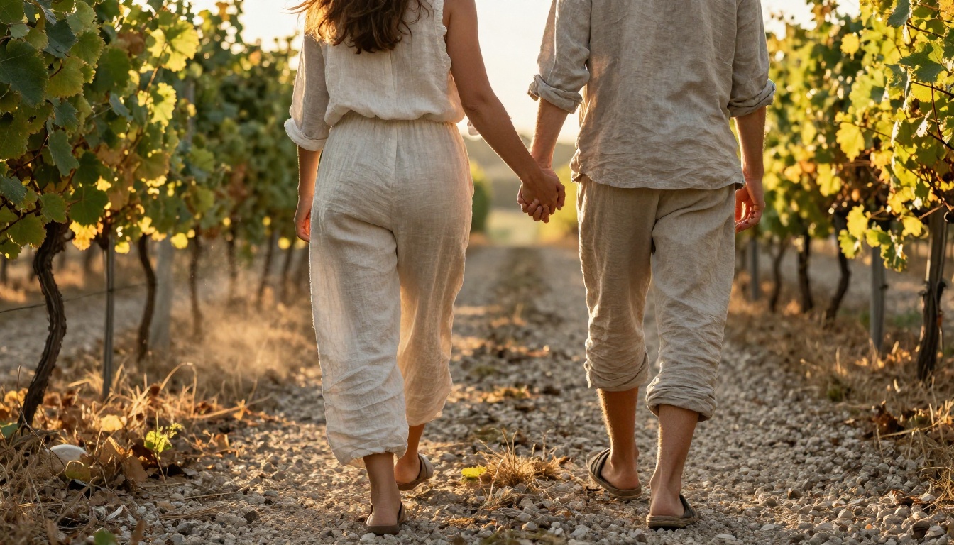 Couple in linen clothes walking hand in hand between vineyard rows at golden hour seen from a low angle behind them