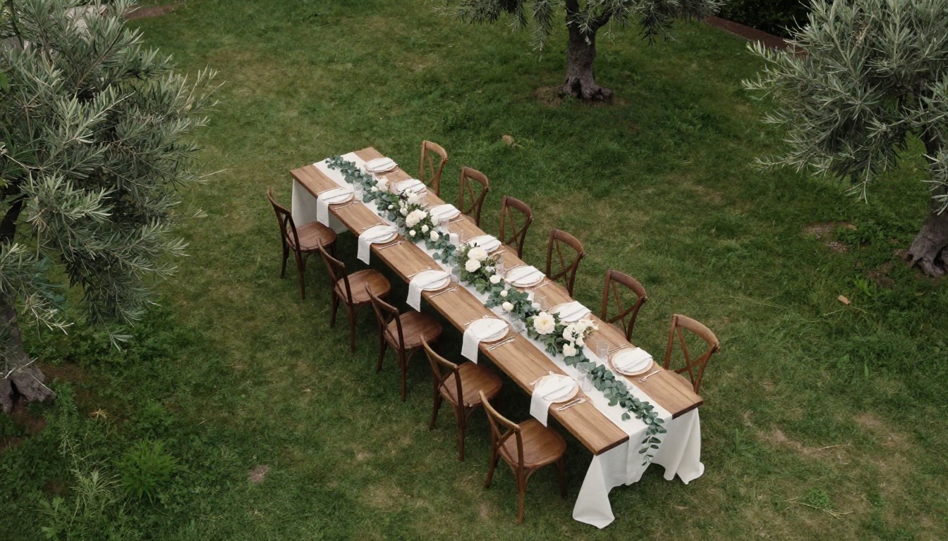 Aerial view of a long wooden banquet table dressed with white linen and eucalyptus on a clipped lawn between olive trees
