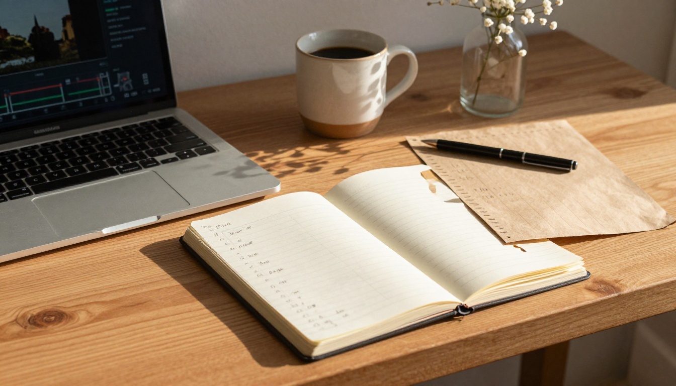 Wooden desk with an open laptop showing a blurred video timeline, a handwritten schedule, a seating chart and a cup of coffee