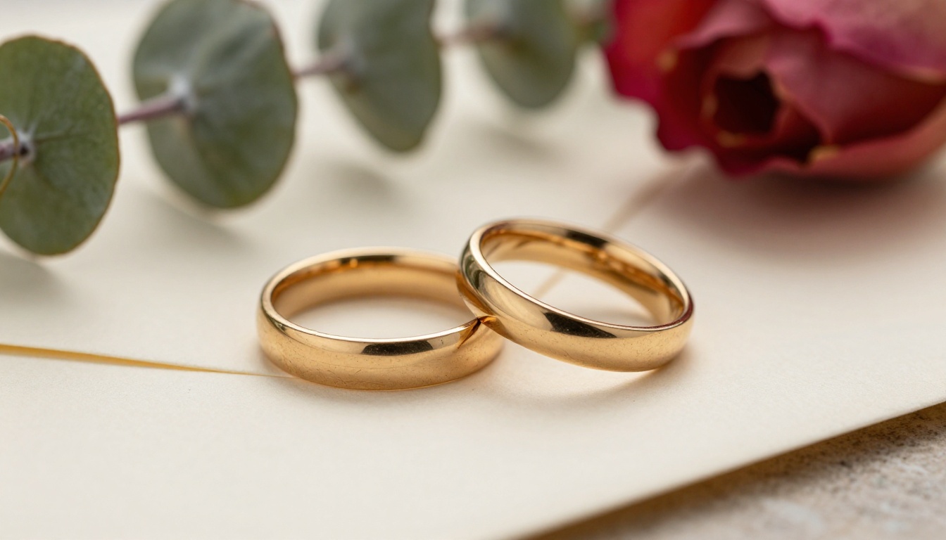 Two gold wedding rings resting on a cream envelope with a sprig of eucalyptus in a macro close-up