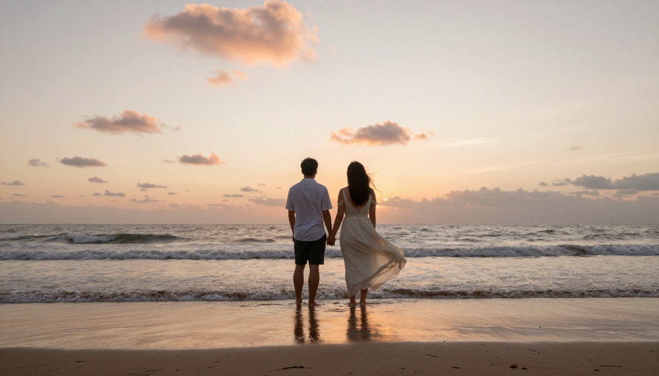 Couple standing barefoot at the edge of a calm beach at sunset with waves around their ankles