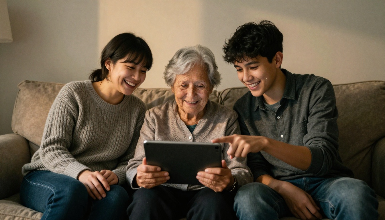 Three generations of a family laughing together on a living room sofa while watching a video on a tablet