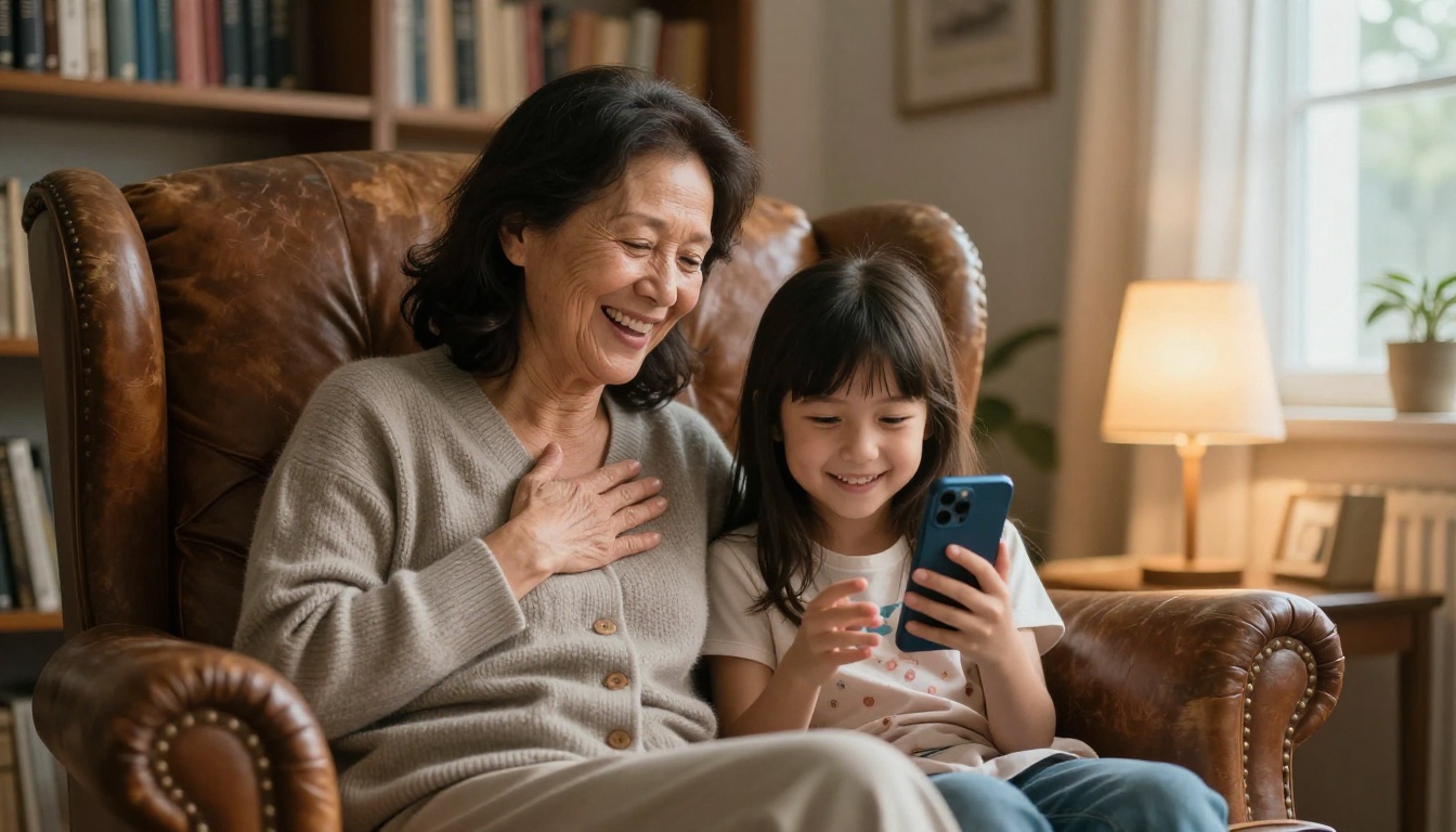 Grandmother laughing while her granddaughter plays a birthday video on a smartphone