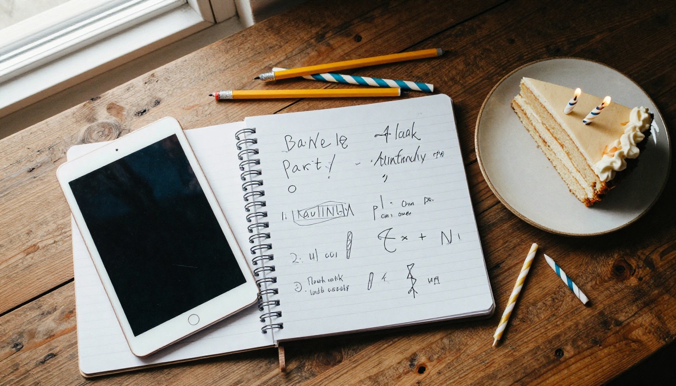 Overhead view of a wooden table with a notebook of party ideas, a tablet, pencils and a slice of cake