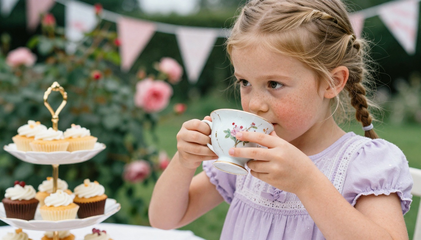 Six-year-old girl lifting a porcelain teacup at a garden tea party with cupcakes
