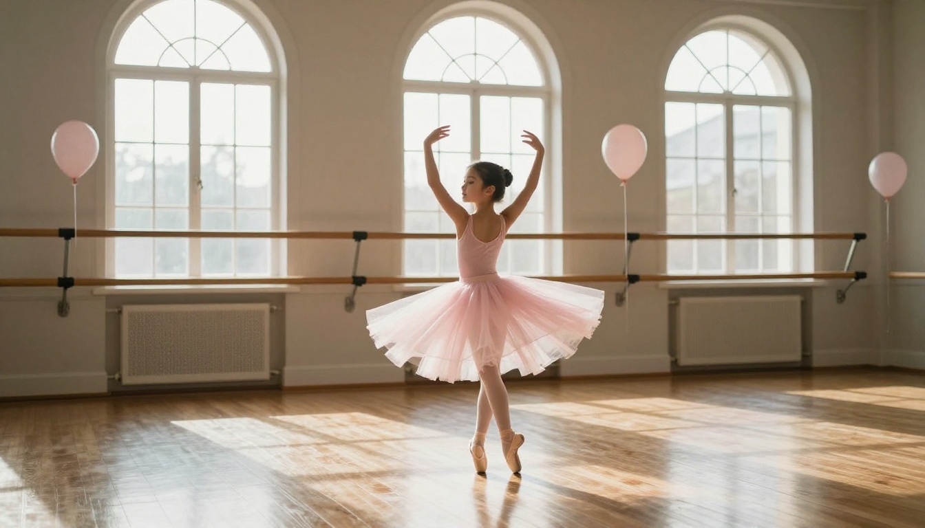 Girl in a pink leotard mid-twirl in a sunlit ballet studio with a birthday balloon
