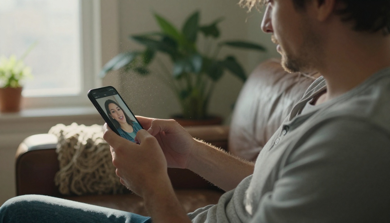 A man on a leather sofa watching a portrait photo begin to speak on his smartphone