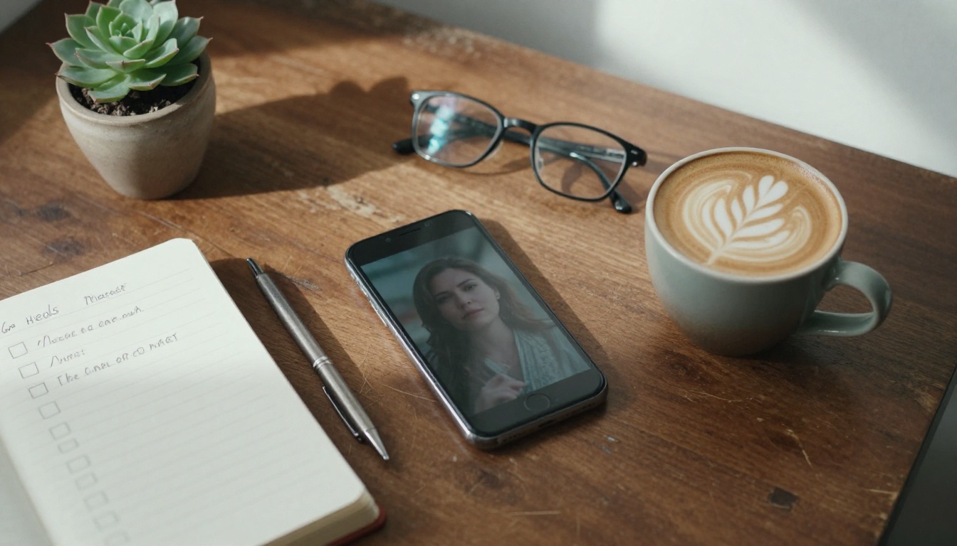 A flat lay of a smartphone, notebook, and coffee on a walnut desk used to compare talking avatar apps