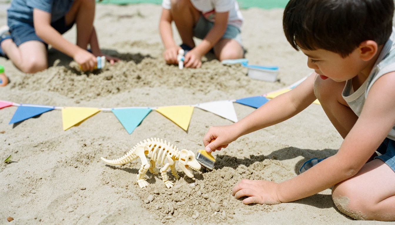 Boy kneeling in a sandbox brushing sand off a toy dinosaur skeleton under a birthday banner