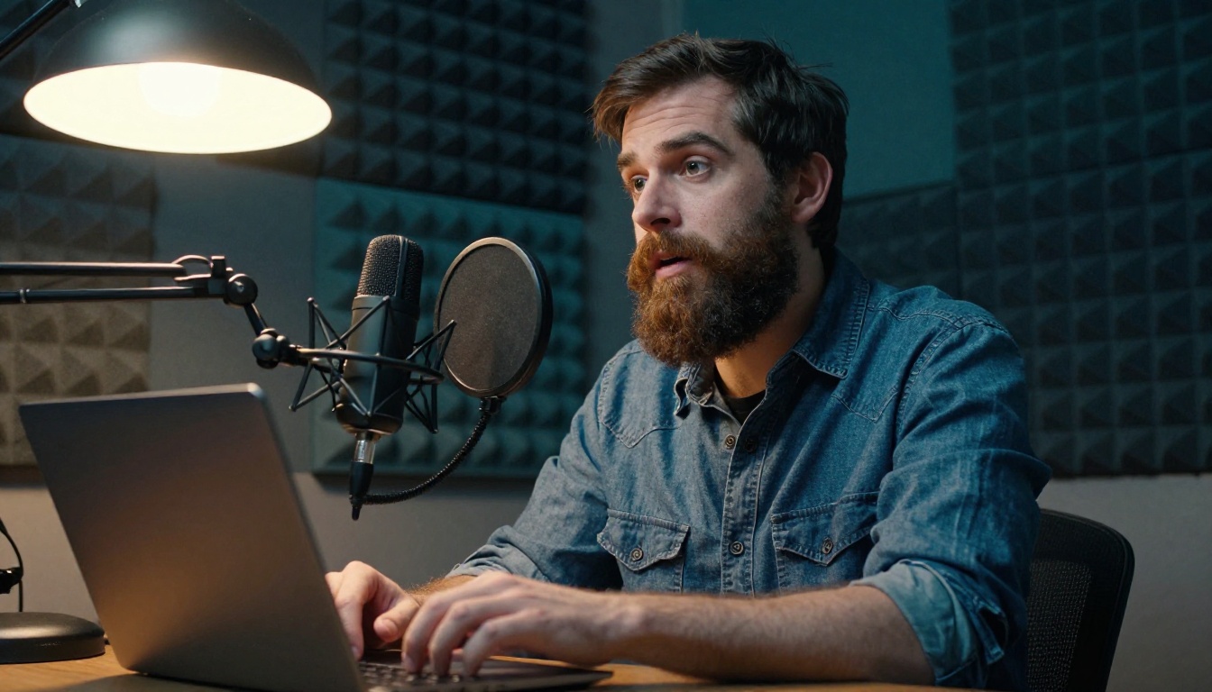 A bearded man recording a voiceover into a condenser microphone next to a laptop showing his portrait