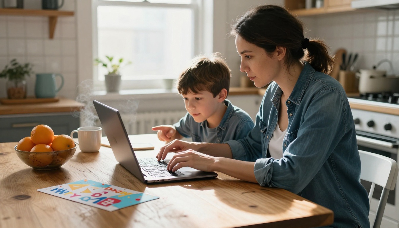 Mother and son at a kitchen table choosing a birthday video on a laptop
