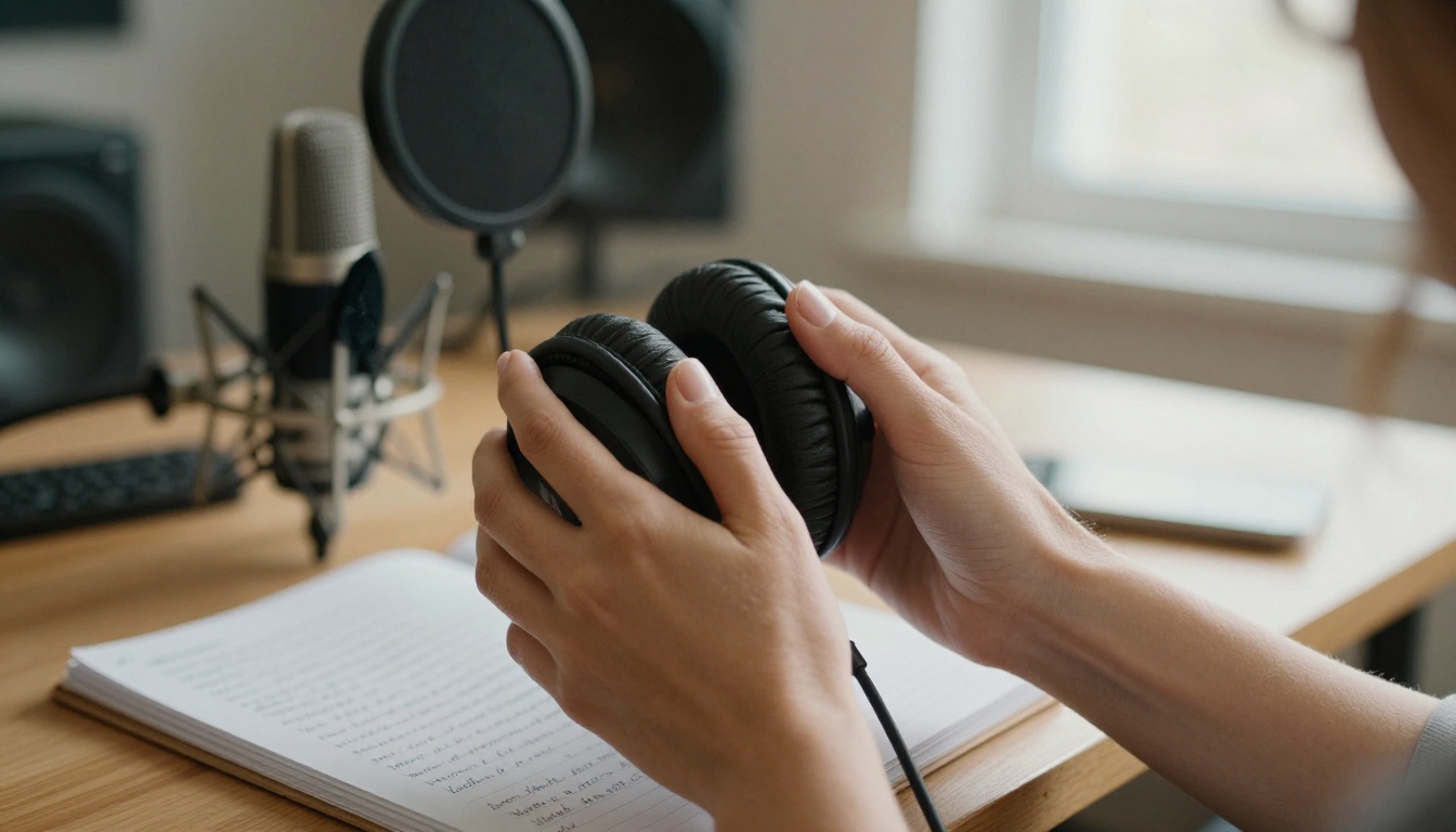 A woman adjusting studio headphones beside a microphone while choosing a voice for a talking avatar