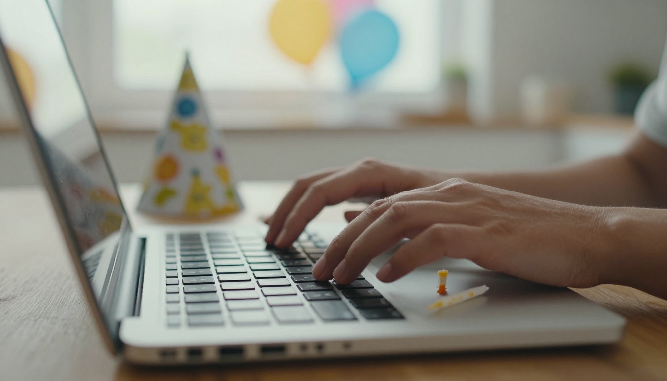 Hands typing on a laptop with a party hat and a birthday candle beside the trackpad