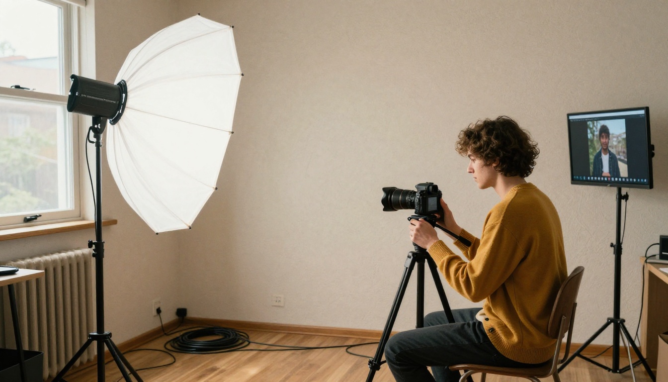 A young creator in a home video studio with a softbox and tripod