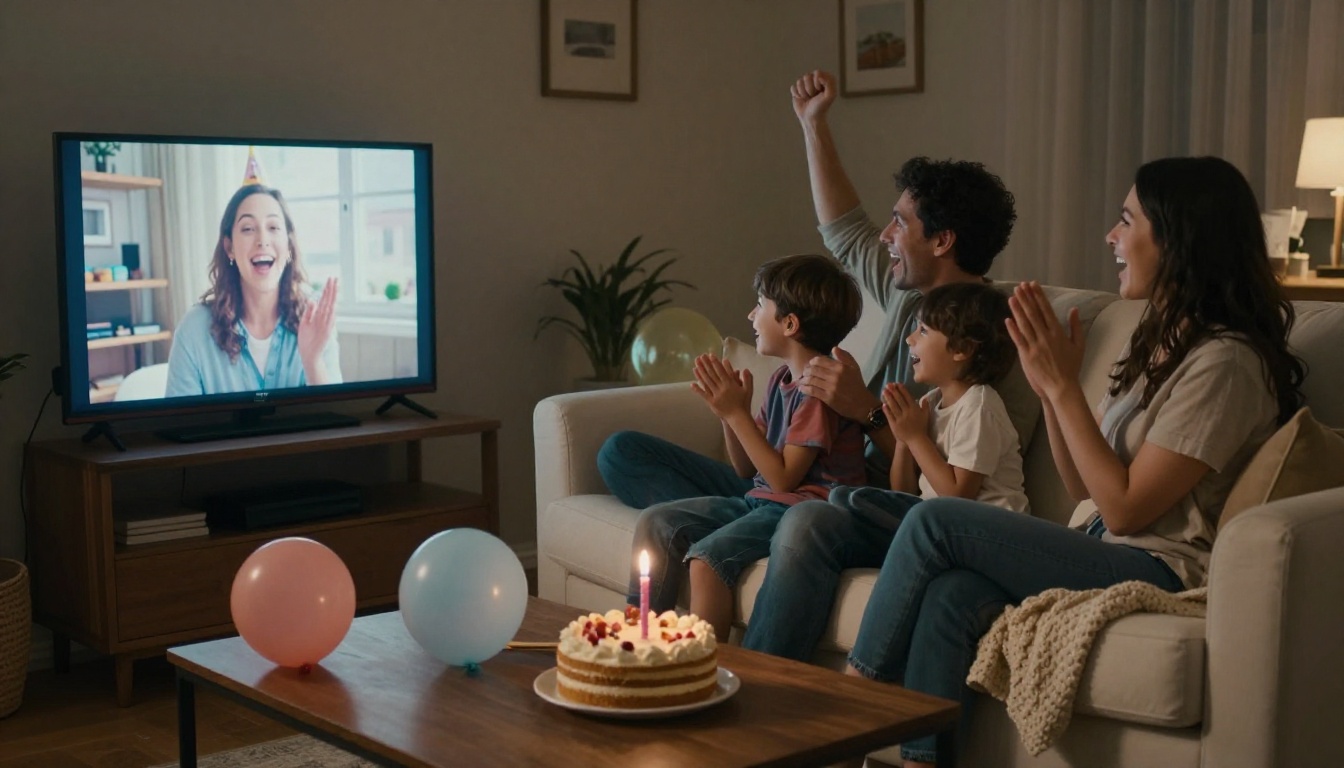 Family cheering on a sofa while watching a birthday video on a TV