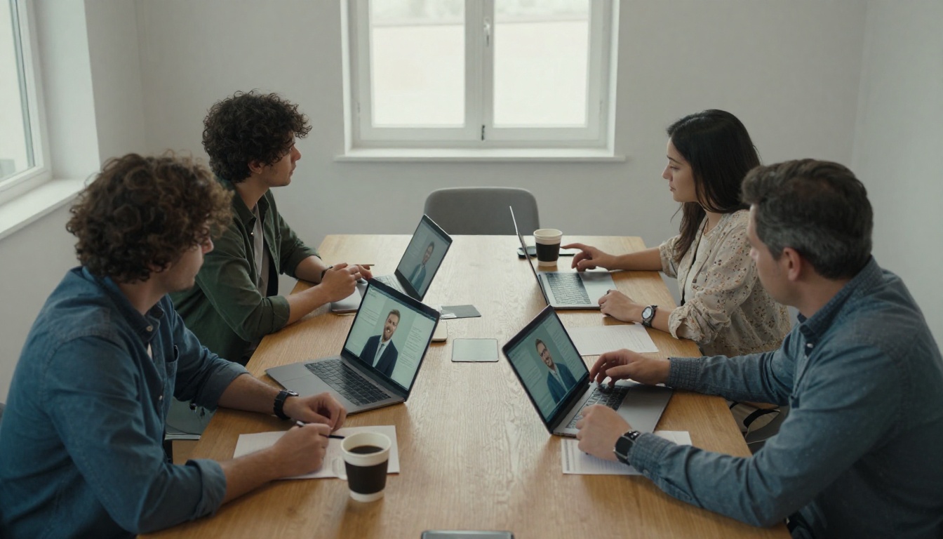 Four colleagues reviewing a presentation with a spokesperson portrait on every screen