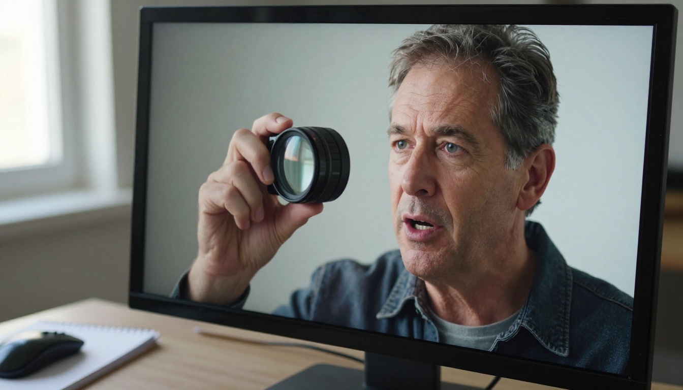A close-up of a monitor showing a talking portrait while a loupe checks the lip movement