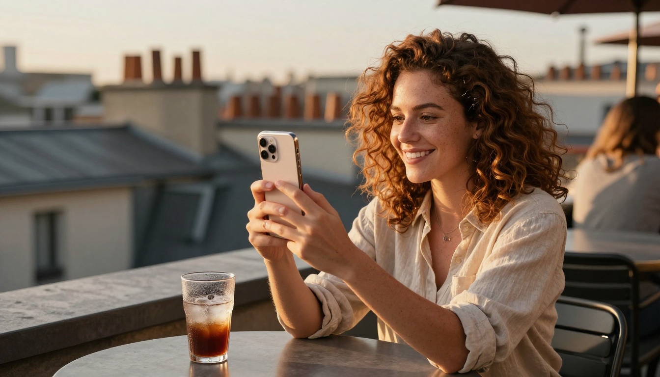 A smiling woman on a rooftop terrace holding her smartphone toward the camera at golden hour