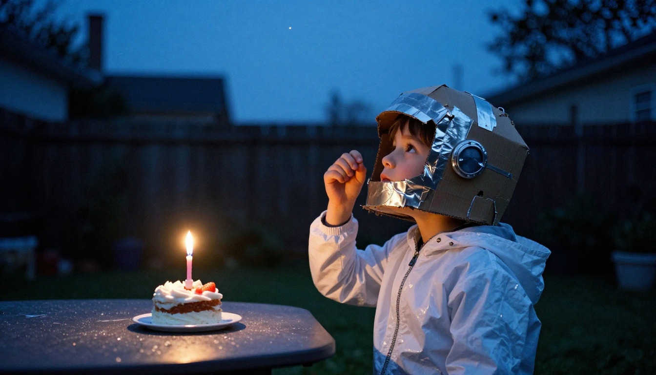 Boy in a cardboard astronaut helmet looking up at the dusk sky beside a birthday cake