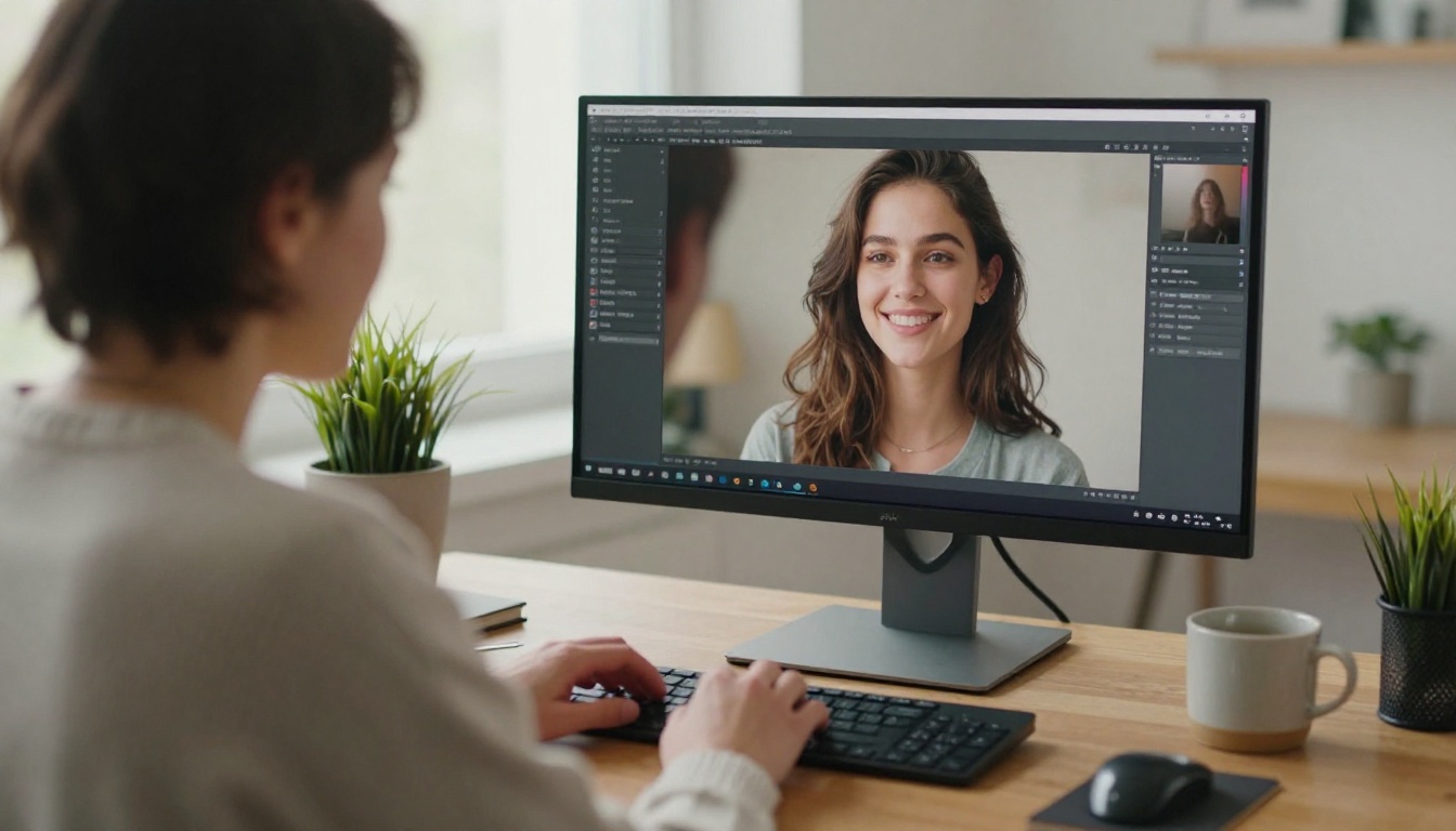 A creator reviewing a portrait of a smiling young woman on a large monitor in a bright home office