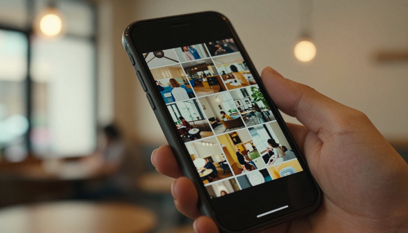 A hand holding a smartphone showing a grid of lifestyle photos in a warm cafe