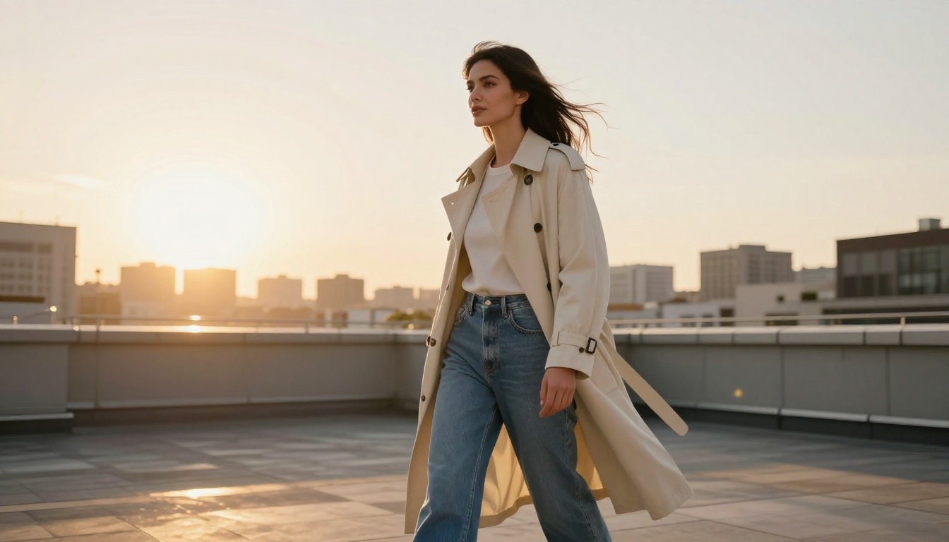 A stylish woman in a cream trench coat walking across a sunlit rooftop terrace at golden hour