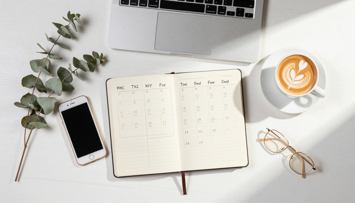 An overhead view of a desk with a hand drawn weekly content calendar, a phone, and a coffee