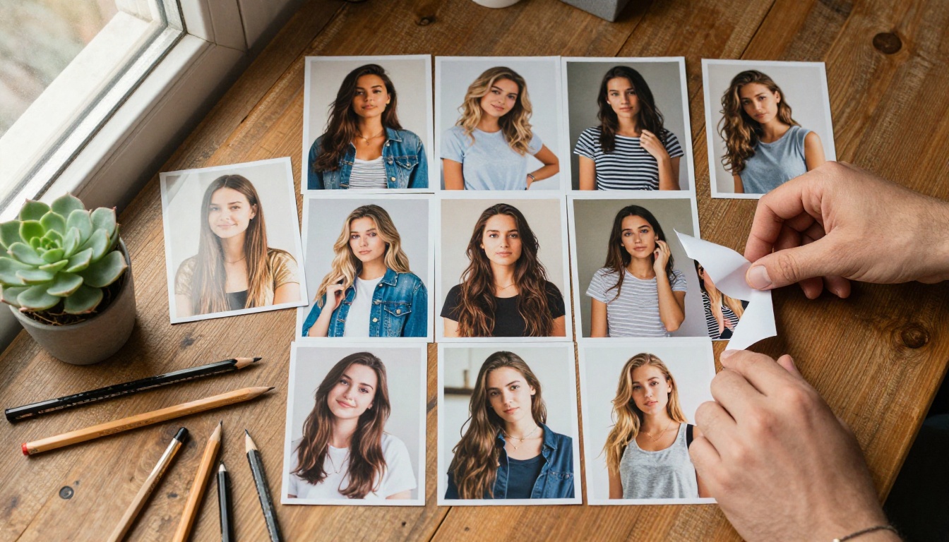 Printed photographs of the same young woman in different outfits spread across a wooden table