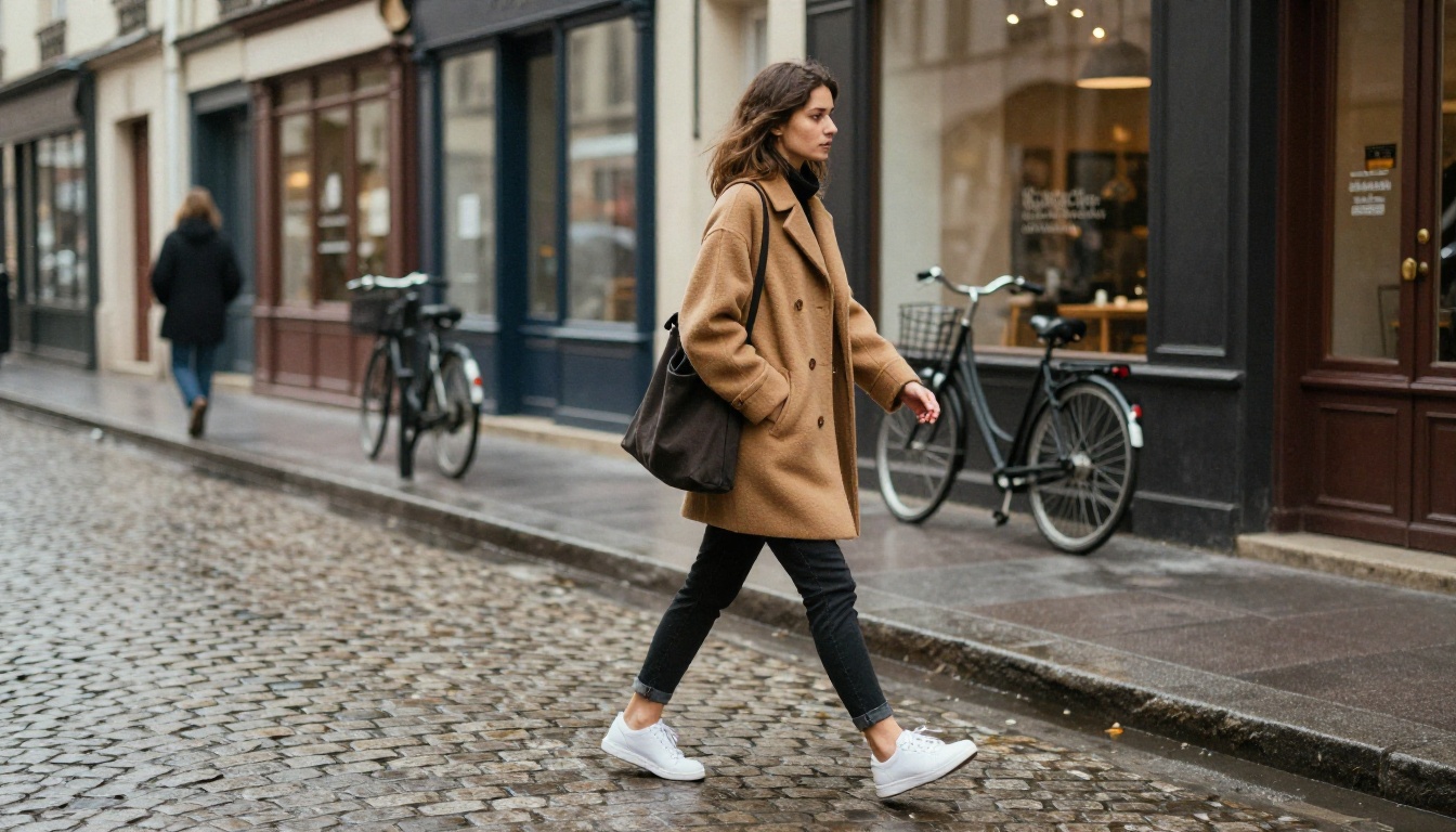 A young woman in a camel coat and white sneakers crossing a cobblestone Paris street