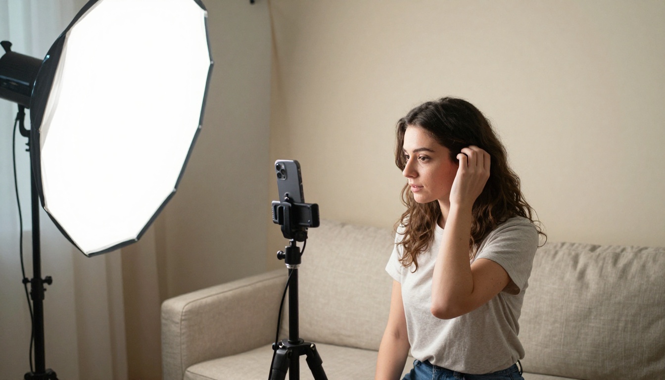 A woman recording a short vertical video in a home studio with a softbox light and tripod