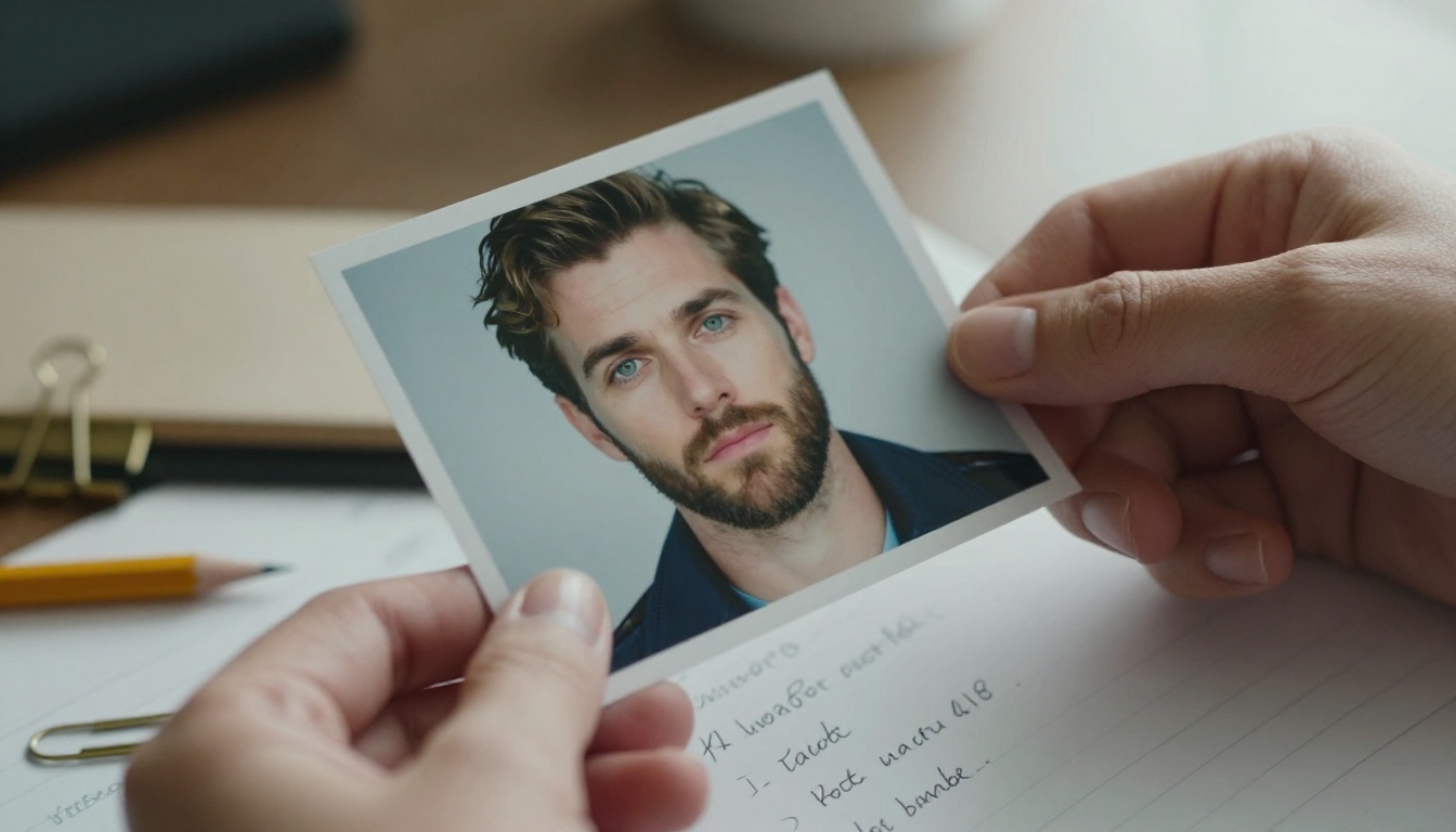 Hands holding a printed portrait photo above handwritten prompt notes on a desk
