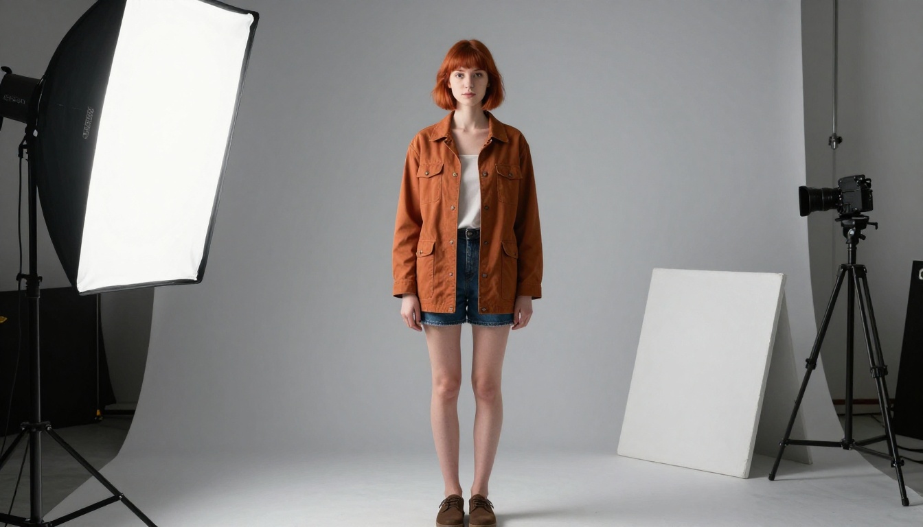 Full-body front view of a woman with a copper bob and mustard jacket on a grey backdrop