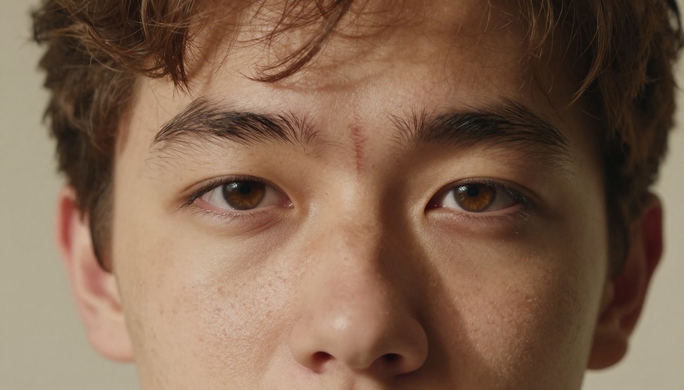 Macro portrait of a young man with freckles and a small scar through the eyebrow