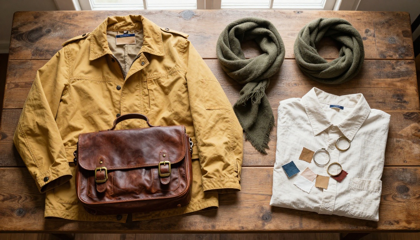Overhead flat-lay of a mustard jacket, leather satchel, olive scarf and fabric swatches
