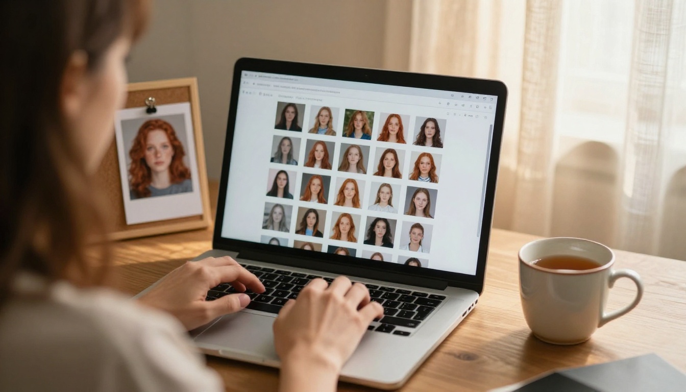 Woman typing a prompt at a laptop beside a pinned portrait photo and a cup of tea