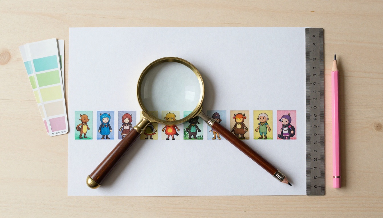 Overhead flat lay of a printed sprite sheet with a brass loupe, ruler and colour swatches