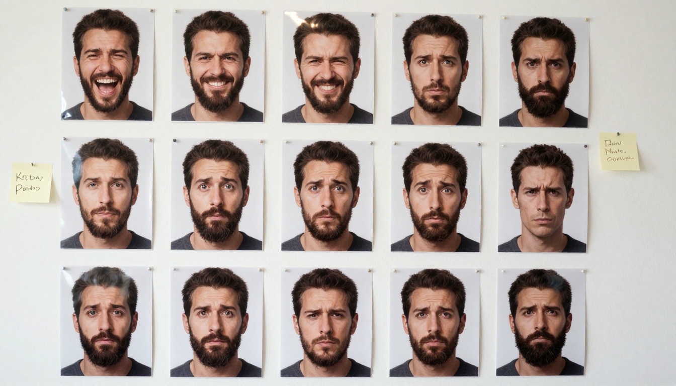 Wall of printed portraits of one bearded man showing twelve different expressions