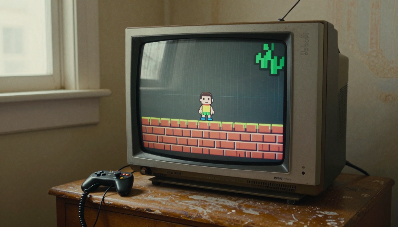 A cathode ray tube television showing a chunky pixel art platformer character
