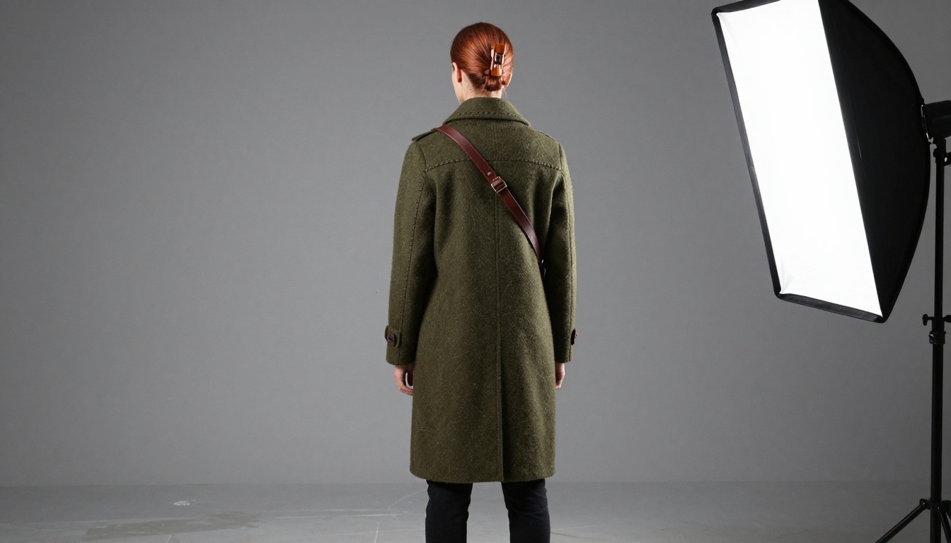 Model seen from behind in an olive wool coat with a leather strap on a grey backdrop