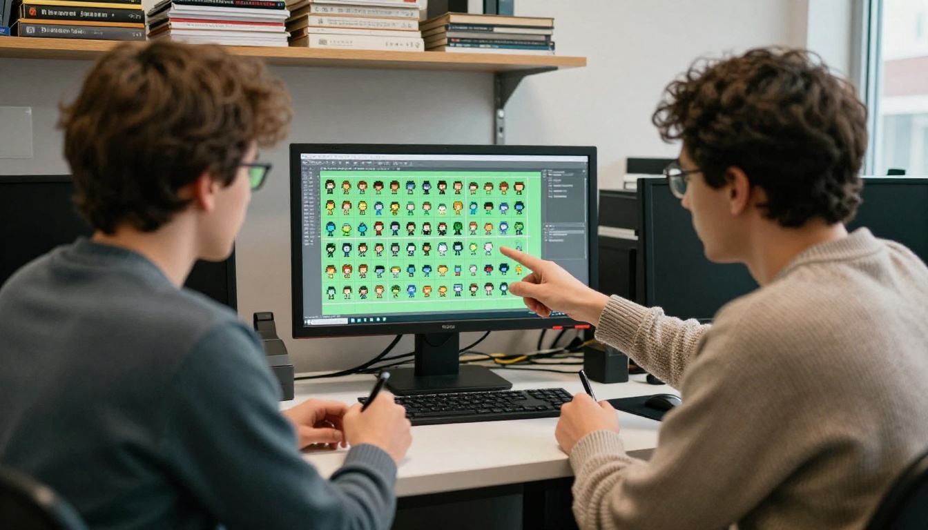 Two game developers pointing at a monitor full of clean pixel art characters