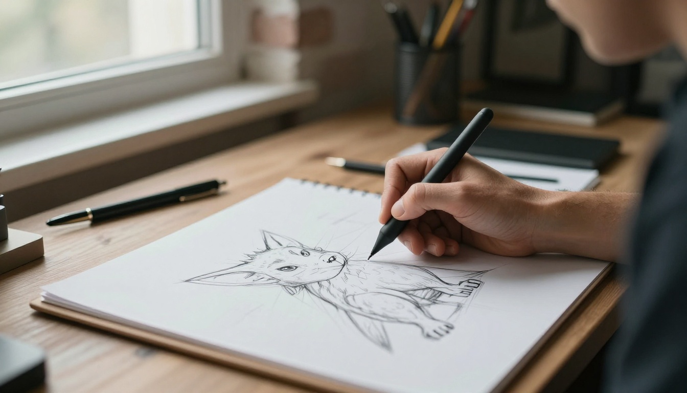 A concept artist sketching a creature silhouette on a pen display in a bright brick studio