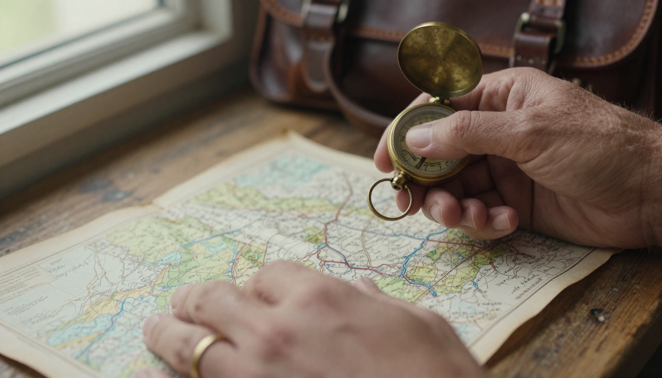 Weathered hands holding an antique brass compass and a folded map beside a leather satchel