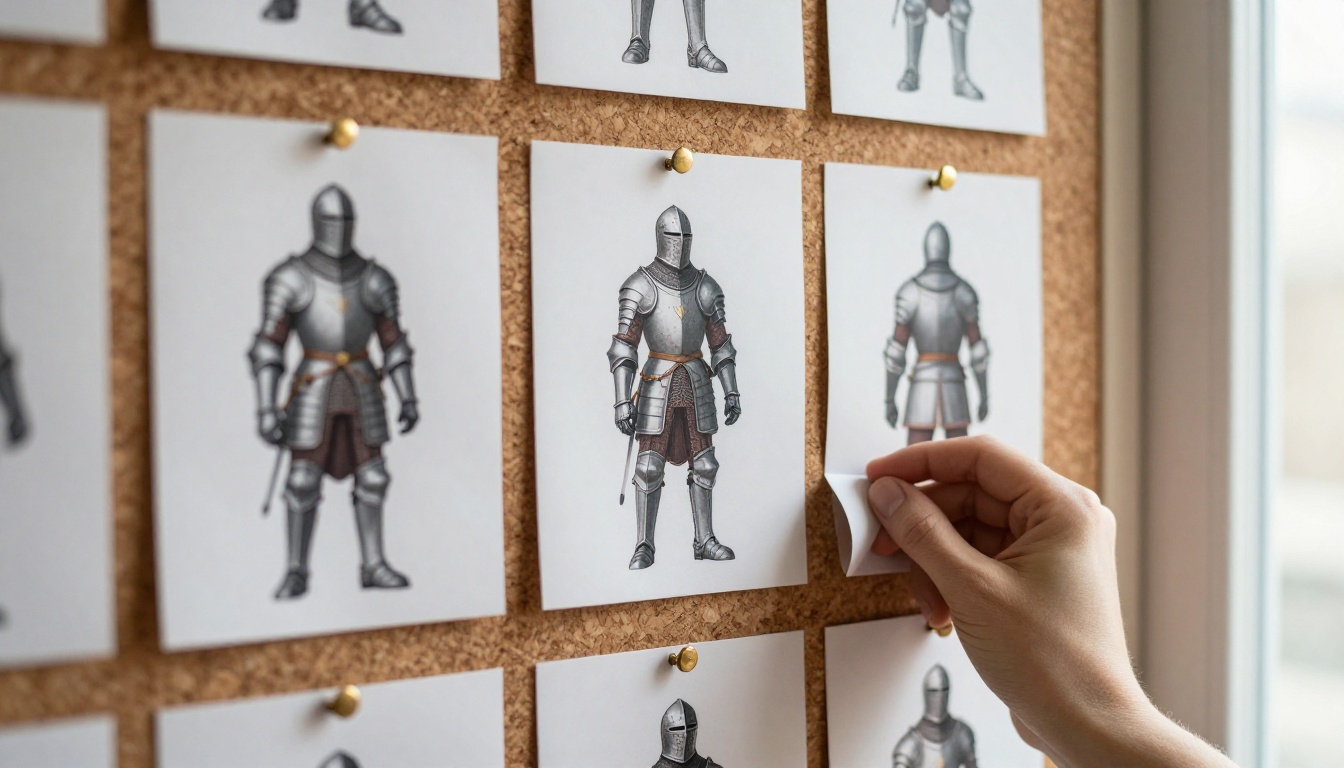 Printed character turnaround sheets of an armored knight pinned to a cork wall