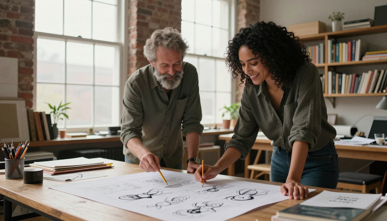 Two illustrators reviewing a large printed character reference sheet on a drafting table