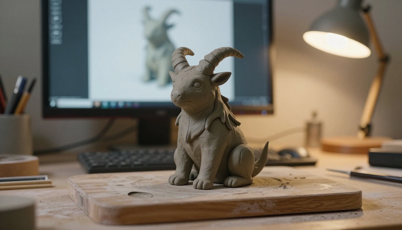 A hand-sculpted clay maquette of a horned forest creature on a wooden turntable