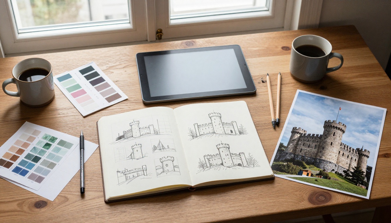Top-down view of a designer's oak desk with a sketchbook, pen tablet and color swatch cards