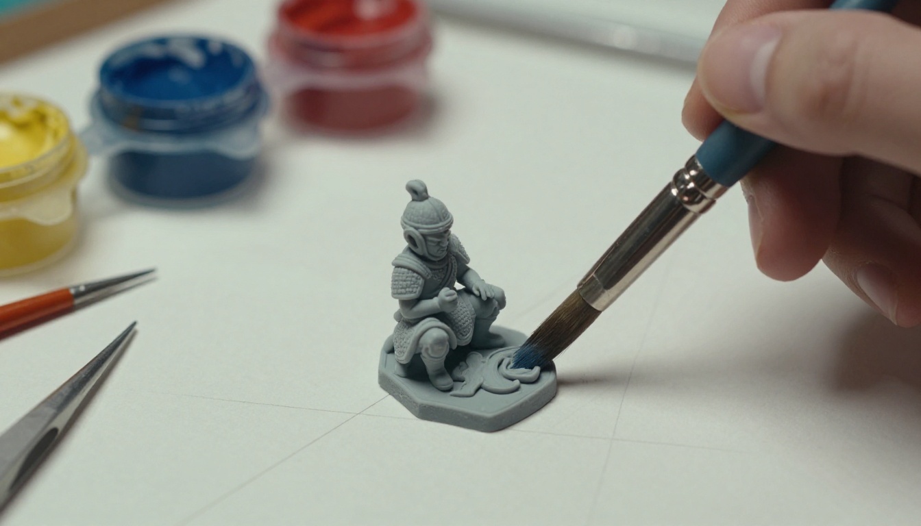 Close-up of a hand painting a small 3D printed resin warrior figurine with a fine brush