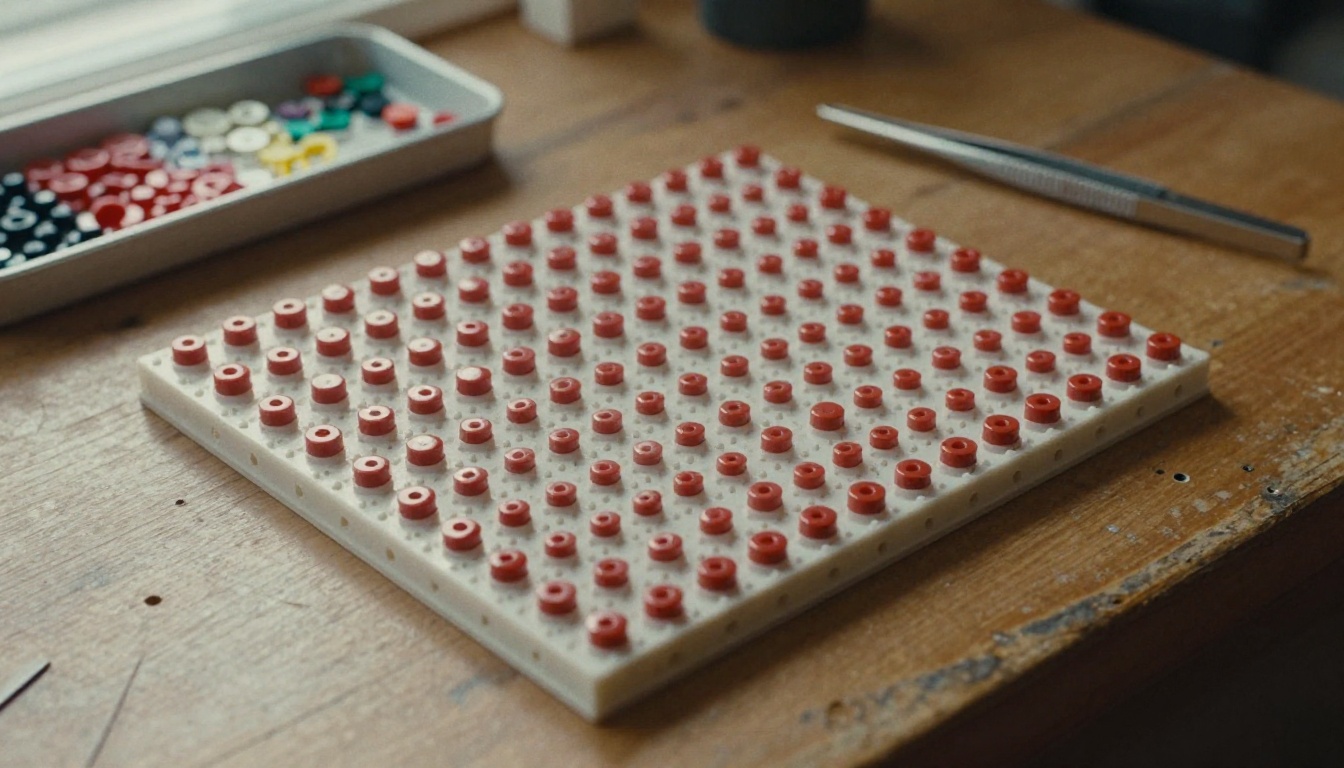 Top down view of a fused bead sprite on a pegboard next to a tray of sorted bead colours