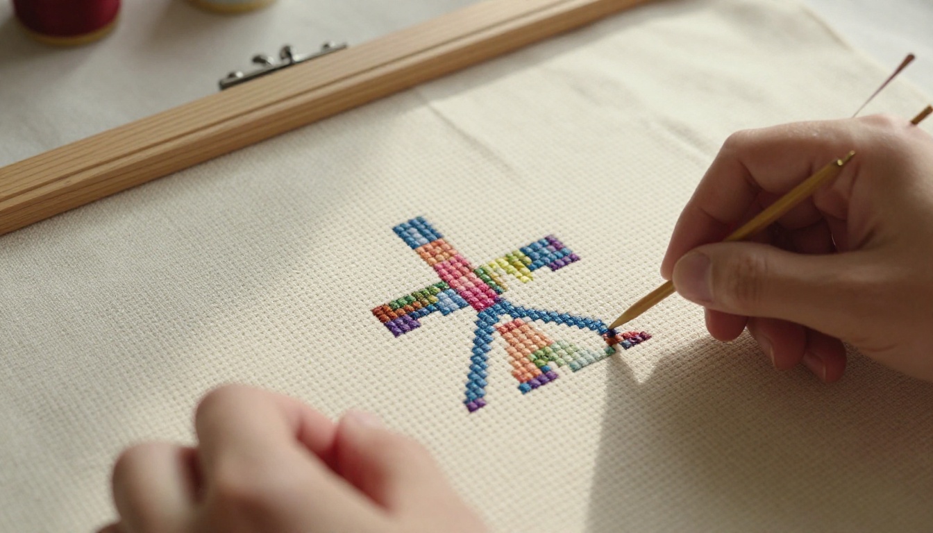 Close-up of hands stitching a blocky character pattern on cream aida cloth